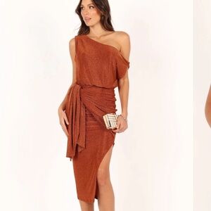 Petal & Pup Off Shoulder Bronze Midi Dress